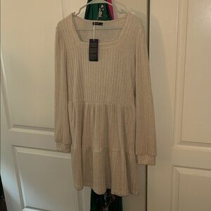 Ribbed Cream Tiered Long-Sleeve Dress